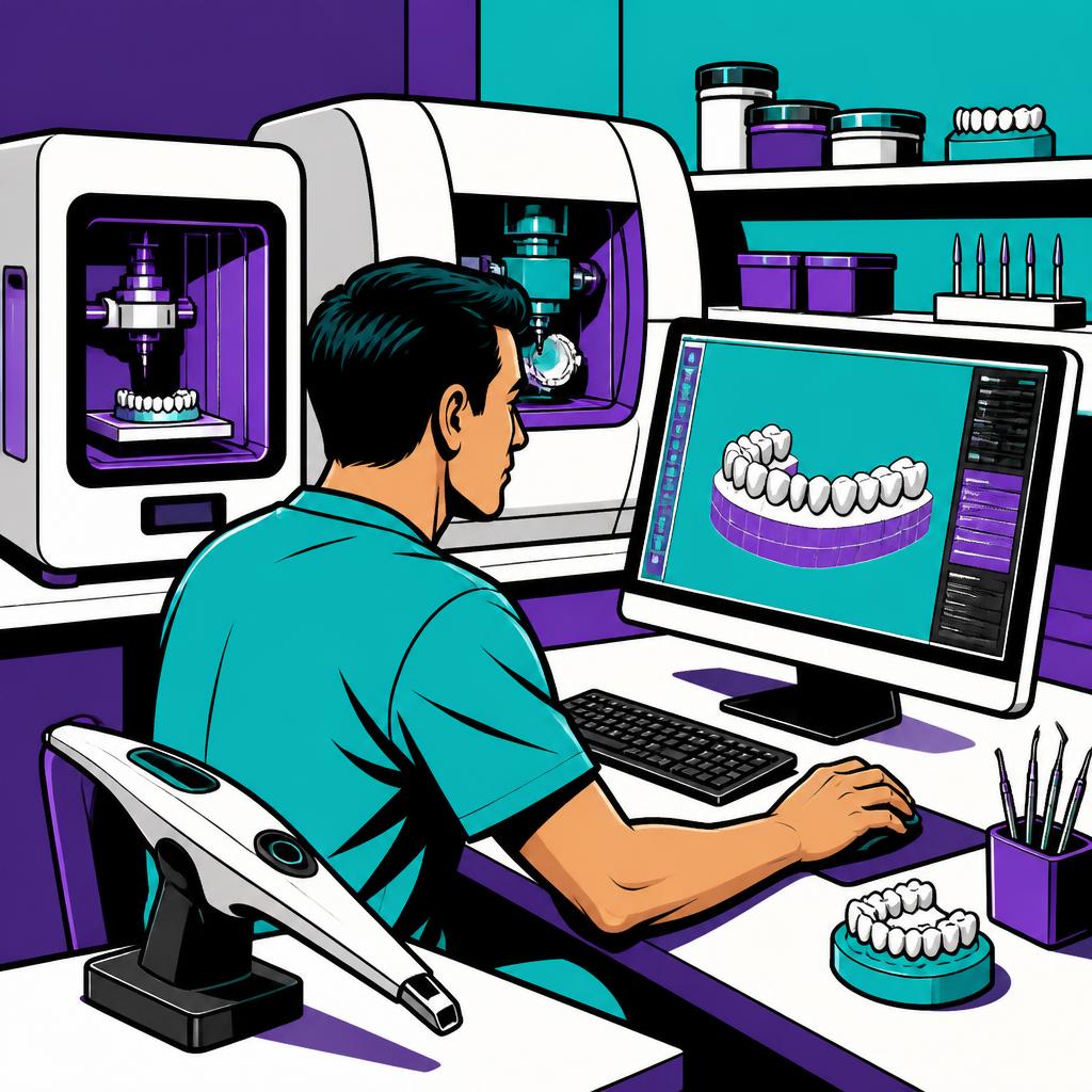 Comic-Illustration eines Dentallabors mit Intraoralscanner, Fräsmaschine, 3D-Drucker und digitalem Zahnmodell am Bildschirm